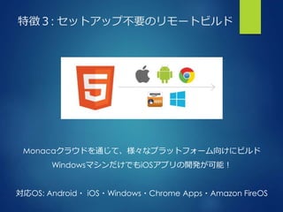 特徴３: セットアップ不要のリモートビルド
Monacaクラウドを通じて、様々なプラットフォーム向けにビルド
WindowsマシンだけでもiOSアプリの開発が可能！
対応OS: Android・ iOS・Windows・Chrome Apps・Amazon FireOS
 