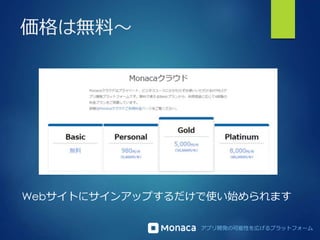 アプリ開発の可能性を広げるプラットフォーム
価格は無料～
Webサイトにサインアップするだけで使い始められます
 