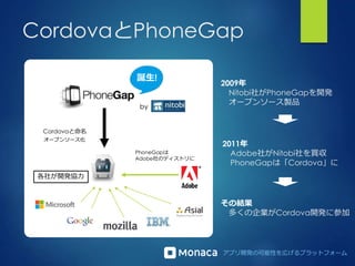 アプリ開発の可能性を広げるプラットフォーム
CordovaとPhoneGap
誕生!
PhoneGapは
Adobe社のディストリに
オープンソース化
各社が開発協力
Cordovaと命名
by
2011年
Adobe社がNitobi社を買収
PhoneGapは「Cordova」に
2009年
Nitobi社がPhoneGapを開発
オープンソース製品
その結果
多くの企業がCordova開発に参加
 