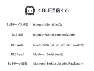 BLEͨŤ
bluetoothSerial.list();BLEǥХ
bluetoothSerial.connect(uuid);BLEӾA
BLEWrite bluetoothSerial. write("hello, world");
BLERead bluetoothSerial.read();
BLEǩ`Oҕ bluetoothSerial.subscribeRawData();
 