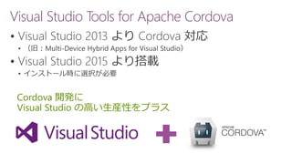 Visual Studio Tools for Apache Cordova




Cordova 開発に
Visual Studio の高い生産性をプラス
 