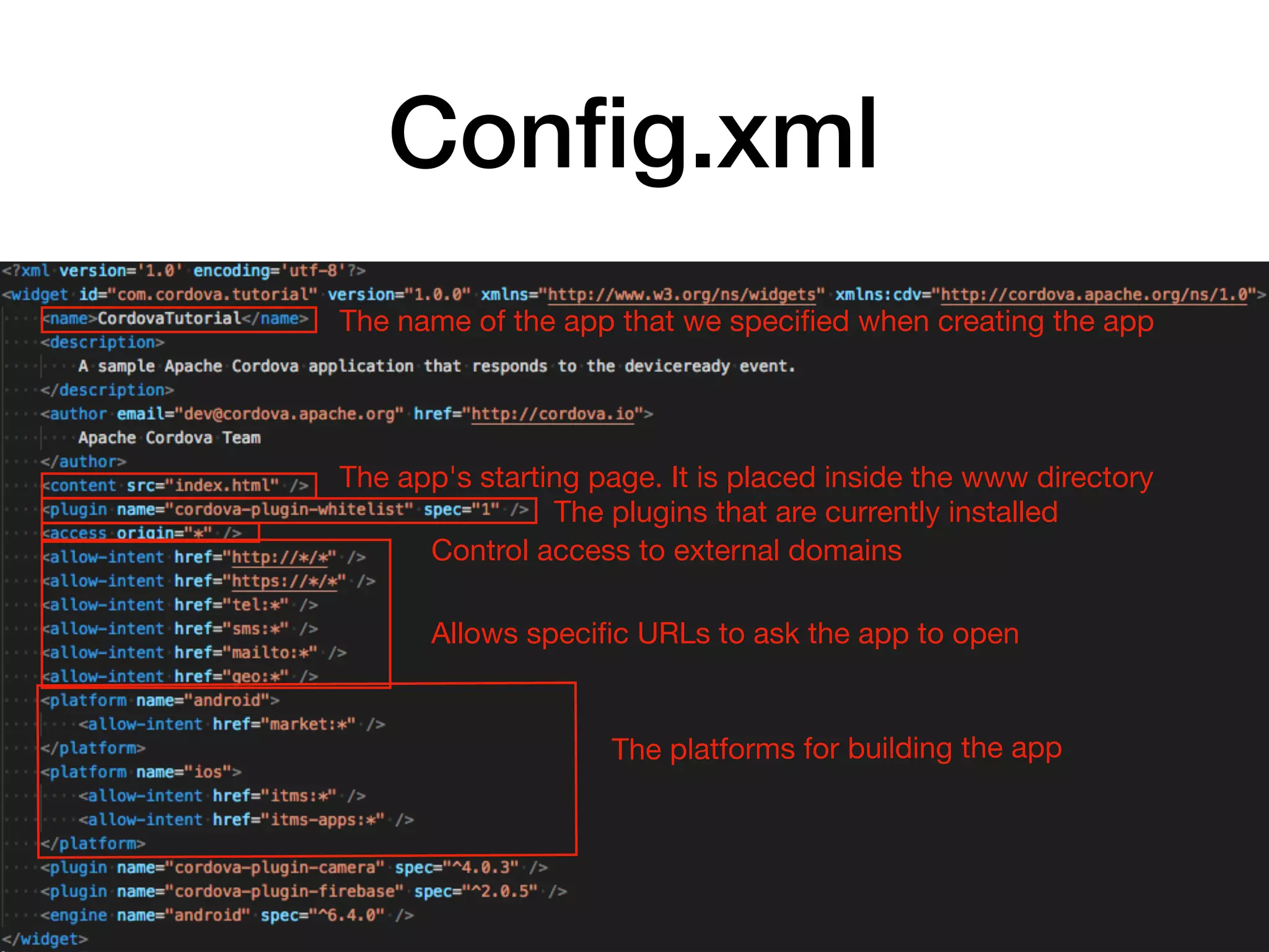 Conﬁg.xml
The name of the app that we speciﬁed when creating the app
The app's starting page. It is placed inside the www directory
The plugins that are currently installed
Control access to external domains
Allows speciﬁc URLs to ask the app to open
The platforms for building the app
 