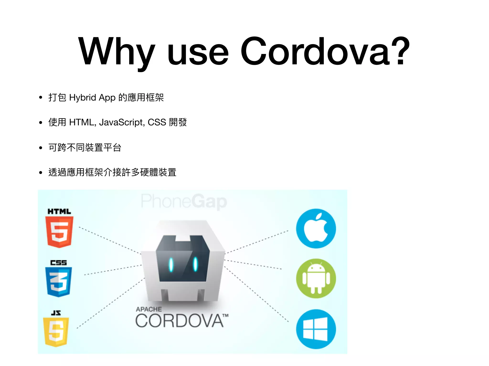Why use Cordova?
• 打包 Hybrid App 的應⽤用框架

• 使⽤用 HTML, JavaScript, CSS 開發

• 可跨不同裝置平台

• 透過應⽤用框架介接許多硬體裝置
 