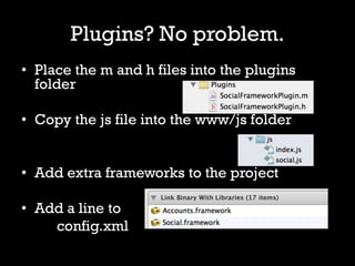Plugins? No problem.
• Place the m and h files into the plugins
  folder

• Copy the js file into the www/js folder


• Add extra frameworks to the project

• Add a line to
    config.xml
 