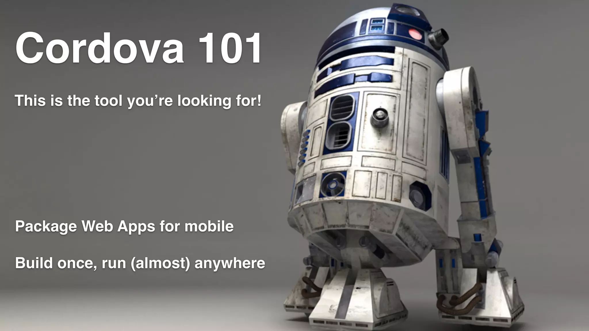 Cordova 101
This is the tool you’re looking for!
Package Web Apps for mobile
Build once, run (almost) anywhere
 
