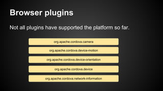 Browser plugins 
Not all plugins have supported the platform so far. 
org.apache.cordova.camera 
org.apache.cordova.device-motion 
org.apache.cordova.device-orientation 
org.apache.cordova.device 
org.apache.cordova.network-information 
 