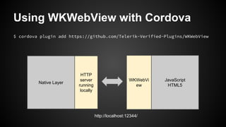 Using WKWebView with Cordova 
$ cordova plugin add https://github.com/Telerik-Verified-Plugins/WKWebView 
WKWebVi 
ew 
HTTP 
server 
running 
locally 
JavaScript 
Native Layer HTML5 
http://localhost:12344/ 
 