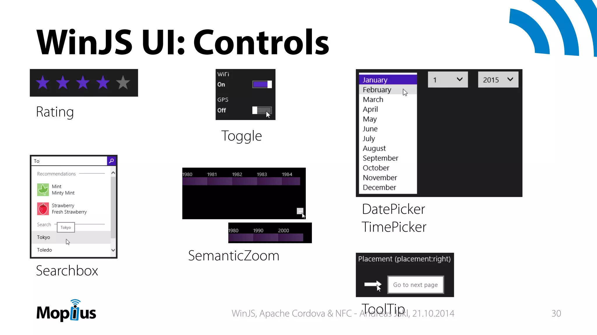 WinJS UI: Controls
Rating
ToolTip
DatePicker
TimePicker
Toggle
Searchbox
SemanticZoom
WinJS, Apache Cordova & NFC - Andreas Jakl, 21.10.2014 30
 