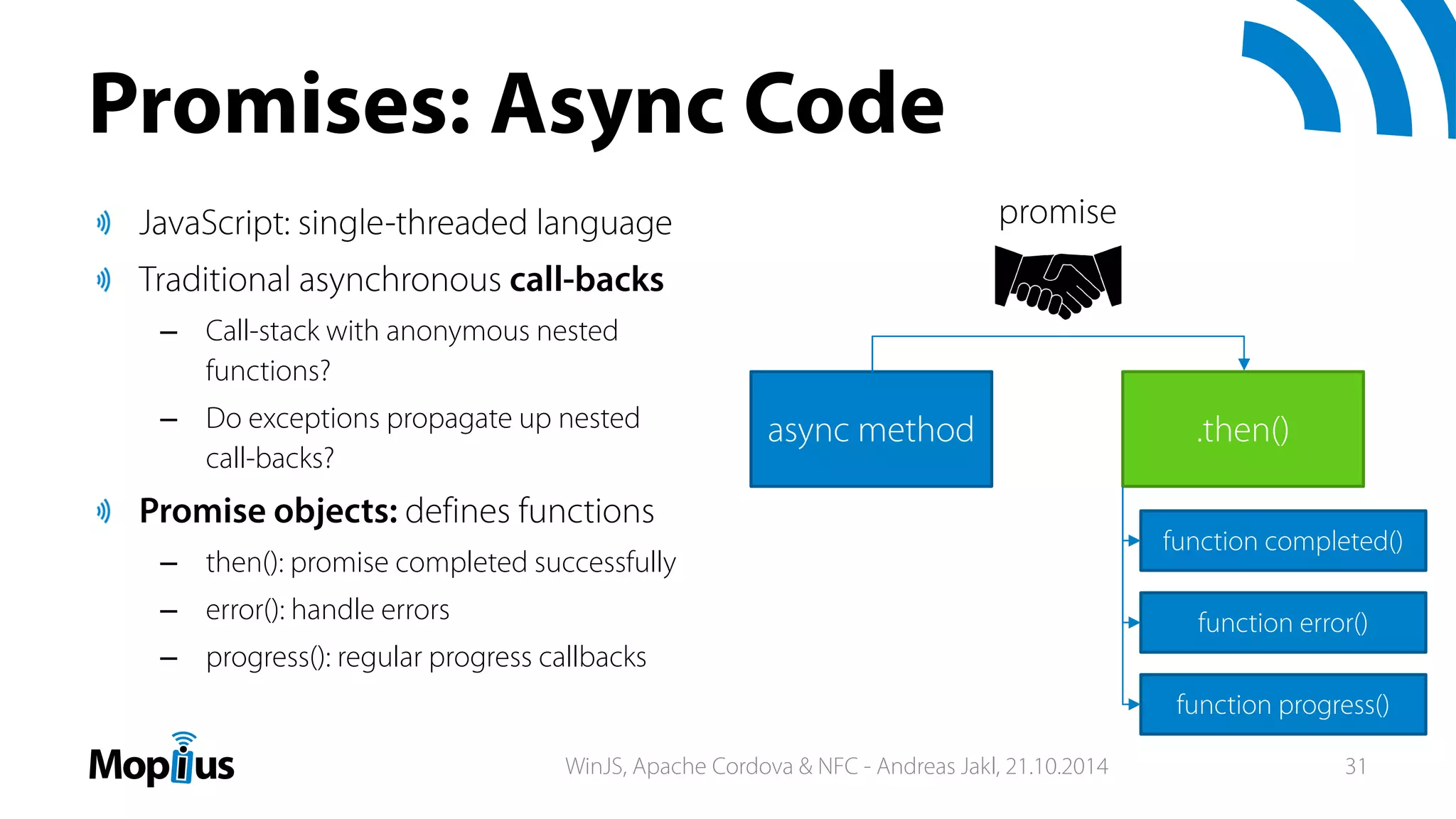 Promises: Async Code
JavaScript: single-threaded language
Traditional asynchronous call-backs
– Call-stack with anonymous nested
functions?
– Do exceptions propagate up nested
call-backs?
Promise objects: defines functions
– then(): promise completed successfully
– error(): handle errors
– progress(): regular progress callbacks
async method
promise
.then()
function completed()
function error()
function progress()
WinJS, Apache Cordova & NFC - Andreas Jakl, 21.10.2014 31
 