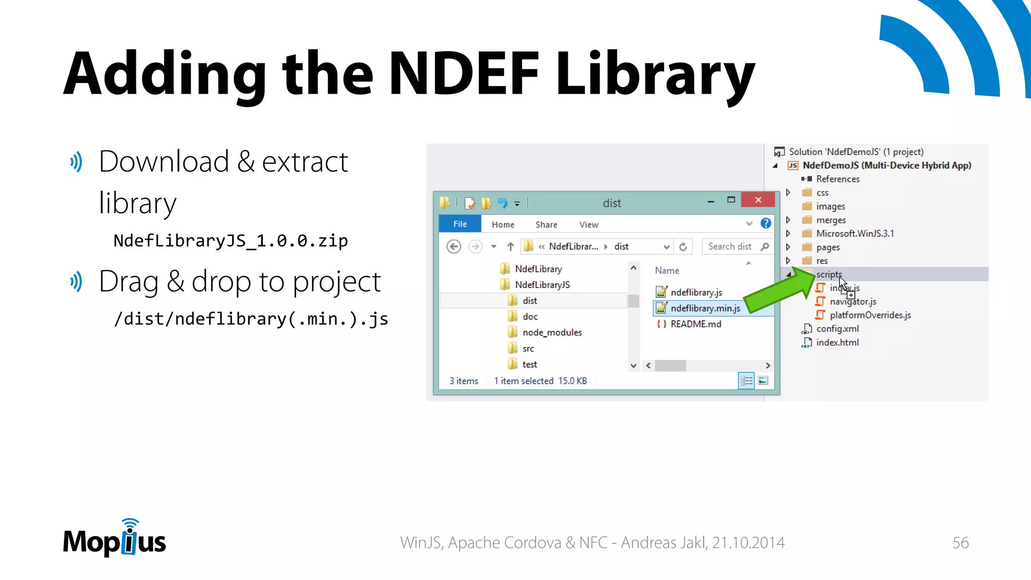 Adding the NDEF Library
Download & extract
library
NdefLibraryJS_1.0.0.zip
Drag & drop to project
/dist/ndeflibrary(.min.).js
WinJS, Apache Cordova & NFC - Andreas Jakl, 21.10.2014 56
 