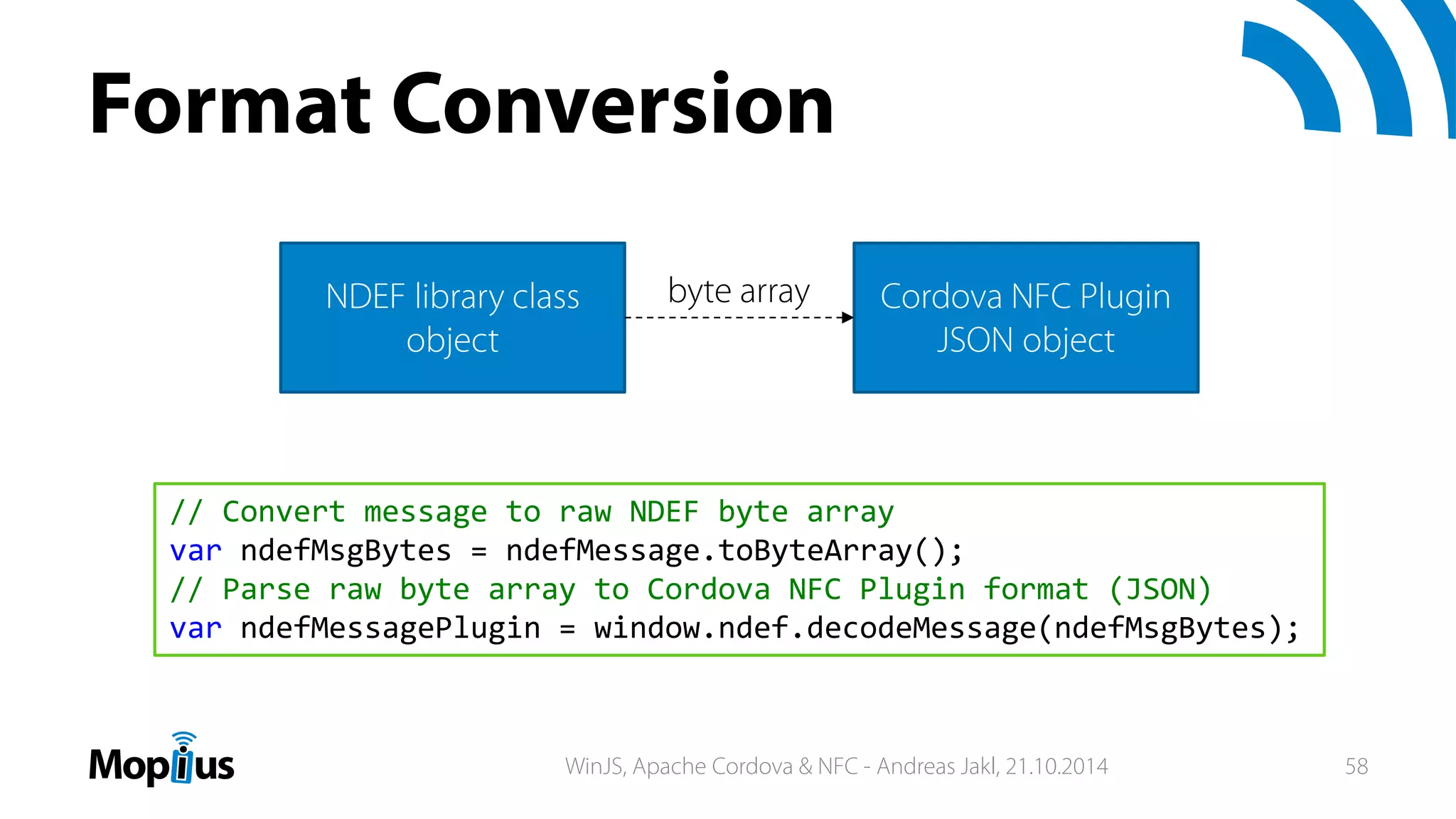 Format Conversion
// Convert message to raw NDEF byte array
var ndefMsgBytes = ndefMessage.toByteArray();
// Parse raw byte array to Cordova NFC Plugin format (JSON)
var ndefMessagePlugin = window.ndef.decodeMessage(ndefMsgBytes);
NDEF library class
object
Cordova NFC Plugin
JSON object
byte array
WinJS, Apache Cordova & NFC - Andreas Jakl, 21.10.2014 58
 