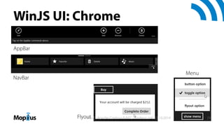 WinJS UI: Chrome
AppBar
NavBar
Flyout
Menu
WinJS, Apache Cordova & NFC - Andreas Jakl, 21.10.2014 29
 