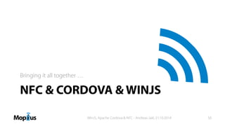 NFC & CORDOVA & WINJS
Bringing it all together …
WinJS, Apache Cordova & NFC - Andreas Jakl, 21.10.2014 50
 