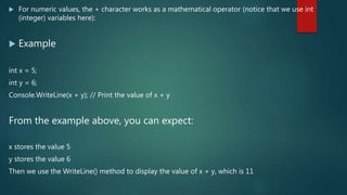  For numeric values, the + character works as a mathematical operator (notice that we use int
(integer) variables here):
 Example
int x = 5;
int y = 6;
Console.WriteLine(x + y); // Print the value of x + y
From the example above, you can expect:
x stores the value 5
y stores the value 6
Then we use the WriteLine() method to display the value of x + y, which is 11
 