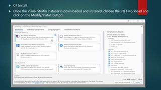 C# Install
 Once the Visual Studio Installer is downloaded and installed, choose the .NET workload and
click on the Modify/Install button:
 