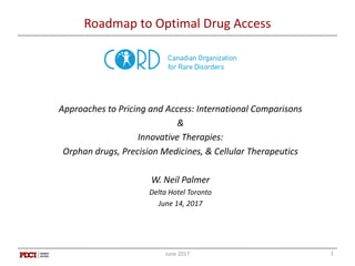 Roadmap	
  to	
  Optimal	
  Drug	
  Access
Approaches	
  to	
  Pricing	
  and	
  Access:	
  International	
  Comparisons
&
Innovative	
  Therapies:
Orphan	
  drugs,	
  Precision	
  Medicines,	
  &	
  Cellular	
  Therapeutics	
  
W.	
  Neil	
  Palmer
Delta	
  Hotel	
  Toronto
June	
  14,	
  2017
June	
  2017 1
 