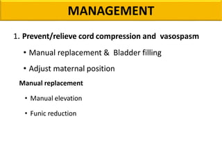 MANAGEMENT
1. Prevent/relieve cord compression and vasospasm
• Manual replacement & Bladder filling
• Adjust maternal position
Manual replacement
• Manual elevation
• Funic reduction
 