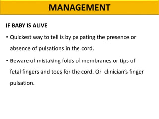 MANAGEMENT
IF BABY IS ALIVE
• Quickest way to tell is by palpating the presence or
absence of pulsations in the cord.
• Beware of mistaking folds of membranes or tips of
fetal fingers and toes for the cord. Or clinician’s finger
pulsation.
 