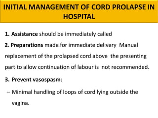 INITIAL MANAGEMENT OF CORD PROLAPSE IN
HOSPITAL
1. Assistance should be immediately called
2. Preparations made for immediate delivery Manual
replacement of the prolapsed cord above the presenting
part to allow continuation of labour is not recommended.
3. Prevent vasospasm:
– Minimal handling of loops of cord lying outside the
vagina.
 
