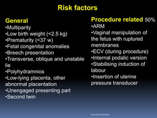 General
•Multiparity
•Low birth weight (<2.5 kg)
•Prematurity (<37 w)
•Fetal congenital anomalies
•Breech presentation
•Transverse, oblique and unstable
lie
•Polyhydramnios
•Low-lying placenta, other
abnormal placentation
•Unengaged presenting part
•Second twin
Procedure related 50%
•ARM
•Vaginal manipulation of
the fetus with ruptured
membranes
•ECV (during procedure)
•Internal podalic version
•Stabilising induction of
labour
•Insertion of uterine
pressure transducer
Risk factors
Aboubakr Elnashar
 