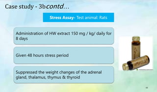 49
Case study - 3bcontd…
Stress Assay- Test animal: Rats
Administration of HW extract 150 mg / kg/ daily for
8 days
Given 48 hours stress period
Suppressed the weight changes of the adrenal
gland, thalamus, thymus & thyroid
 