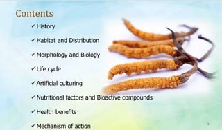 Contents
5
 History
 Habitat and Distribution
 Morphology and Biology
 Life cycle
 Artificial culturing
 Nutritional factors and Bioactive compounds
 Health benefits
 Mechanism of action
 