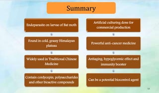 Summary
53
Endoparasite on larvae of Bat moth
Found in cold, grassy Himalayan
plateau
Widely used in Traditional Chinese
Medicine
Contain cordycepin, polysaccharides
and other bioactive compounds
Artificial culturing done for
commercial production
Powerful anti-cancer medicine
Antiaging, hypoglycemic effect and
immunity booster
Can be a potential biocontrol agent
 