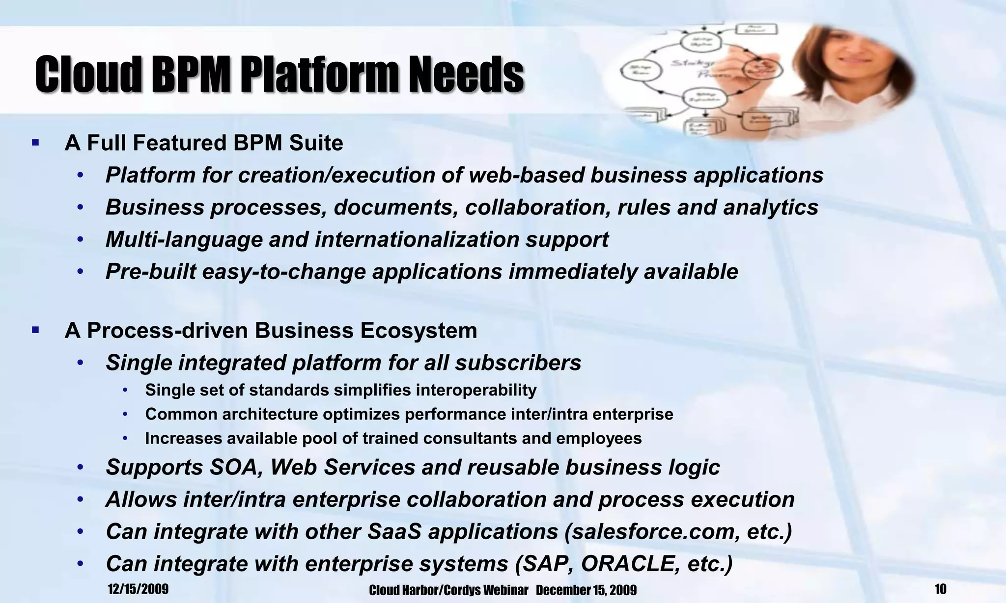 Cloud BPM Platform Needs
   A Full Featured BPM Suite
     • Platform for creation/execution of web-based business applications
     • Business processes, documents, collaboration, rules and analytics
     • Multi-language and internationalization support
     • Pre-built easy-to-change applications immediately available

   A Process-driven Business Ecosystem
     • Single integrated platform for all subscribers
           •   Single set of standards simplifies interoperability
           •   Common architecture optimizes performance inter/intra enterprise
           •   Increases available pool of trained consultants and employees
     •   Supports SOA, Web Services and reusable business logic
     •   Allows inter/intra enterprise collaboration and process execution
     •   Can integrate with other SaaS applications (salesforce.com, etc.)
     •   Can integrate with enterprise systems (SAP, ORACLE, etc.)
         12/15/2009                       Cloud Harbor/Cordys Webinar December 15, 2009   10
 