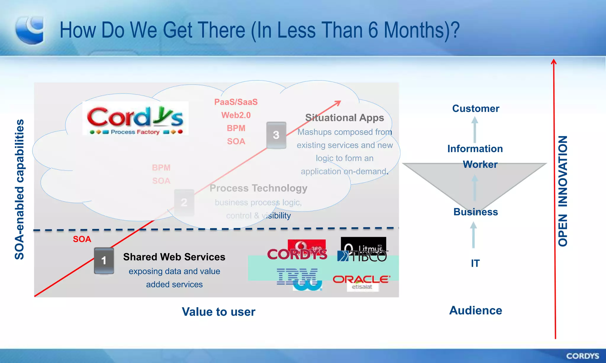How Do We Get There (In Less Than 6 Months)?

                                                             PaaS/SaaS
                                                                                                                     Customer
                                                                  Web2.0                   Situational Apps
     SOA-enabled capabilities




                                                                   BPM                   Mashups composed from




                                                                                                                                   OPEN INNOVATION
                                                                   SOA                   existing services and new   Information
                                                                                             logic to form an
                                             BPM                                                                        Worker
                                                                                          application on-demand.
                                             SOA
                                                             Process Technology
                                                             business process logic,
                                                                  control & visibility                                Business

                                 SOA

                                       Shared Web Services
                                                                                                                         IT
                                        exposing data and value
                                            added services


                                                     Value to user                                                   Audience

24
 