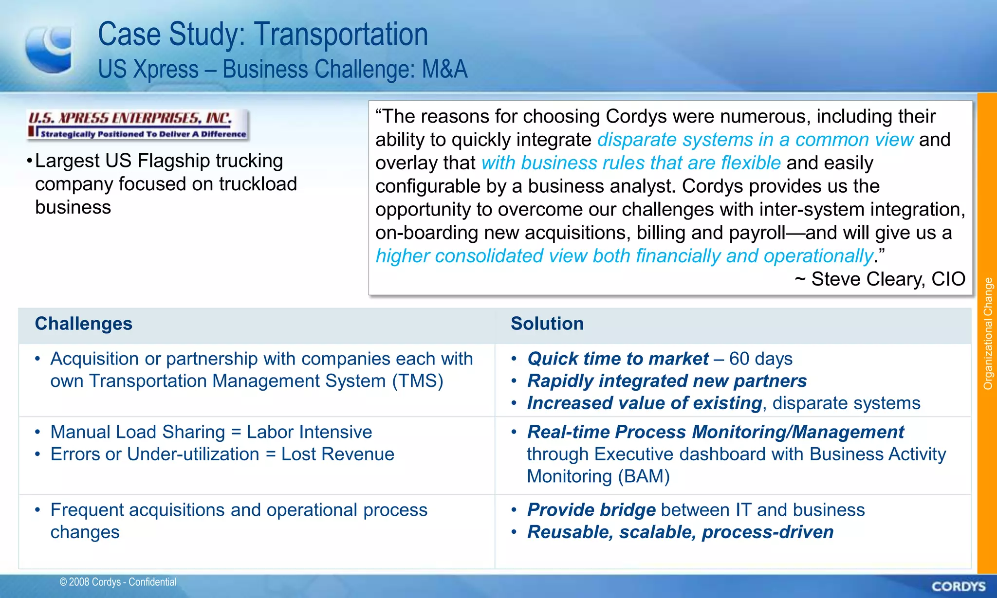 Case Study: Transportation
            US Xpress – Business Challenge: M&A
                                         ―The reasons for choosing Cordys were numerous, including their
                                         ability to quickly integrate disparate systems in a common view and
• Largest US Flagship trucking           overlay that with business rules that are flexible and easily
  company focused on truckload           configurable by a business analyst. Cordys provides us the
  business                               opportunity to overcome our challenges with inter-system integration,
                                         on-boarding new acquisitions, billing and payroll—and will give us a
                                         higher consolidated view both financially and operationally.‖
                                                                                             ~ Steve Cleary, CIO




                                                                                                                   Organizational Change
Challenges                                               Solution
• Acquisition or partnership with companies each with    • Quick time to market – 60 days
  own Transportation Management System (TMS)             • Rapidly integrated new partners
                                                         • Increased value of existing, disparate systems
• Manual Load Sharing = Labor Intensive                  • Real-time Process Monitoring/Management
• Errors or Under-utilization = Lost Revenue               through Executive dashboard with Business Activity
                                                           Monitoring (BAM)
• Frequent acquisitions and operational process          • Provide bridge between IT and business
  changes                                                • Reusable, scalable, process-driven

   © 2008 Cordys - Confidential
 