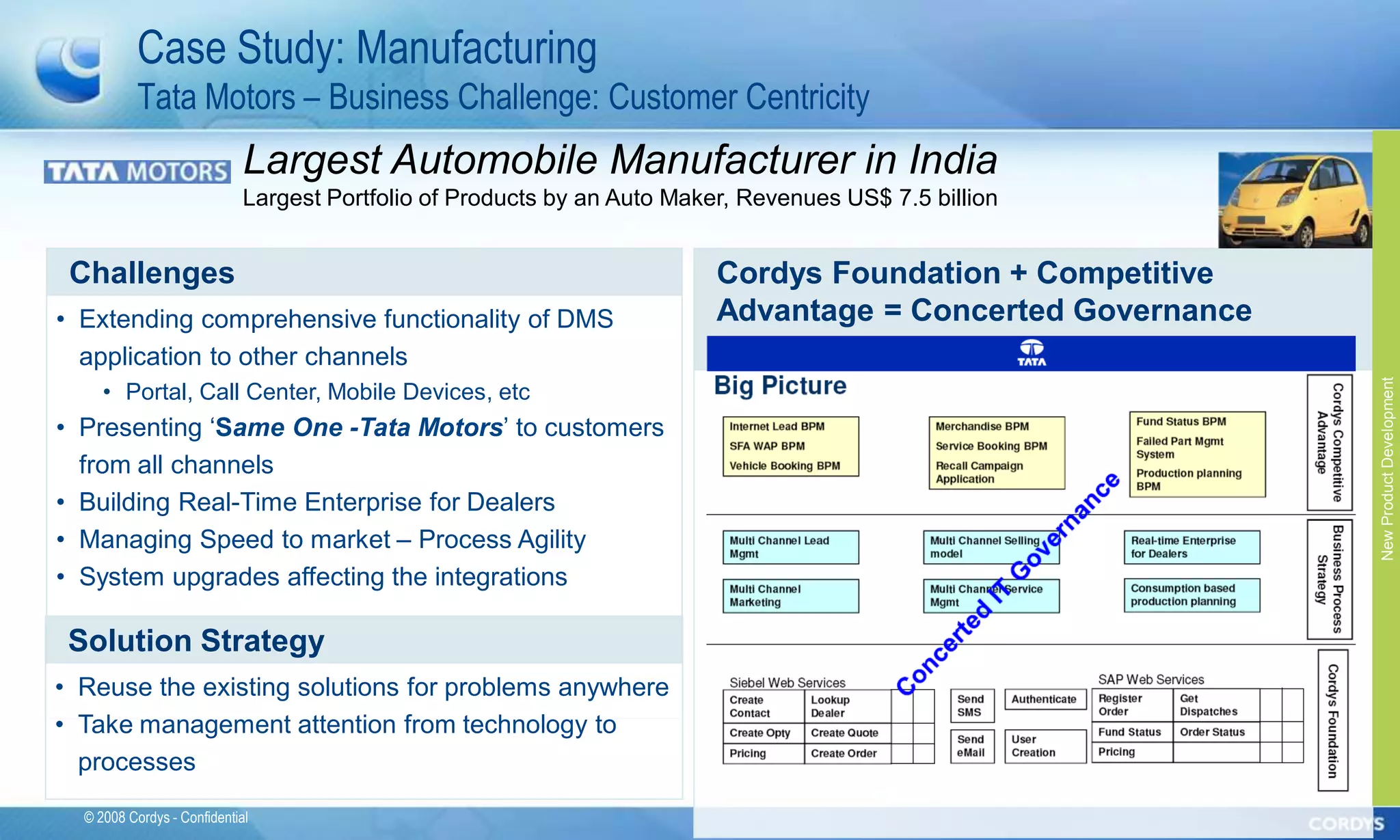 Case Study: Manufacturing
           Tata Motors – Business Challenge: Customer Centricity
                             Largest Automobile Manufacturer in India
                             Largest Portfolio of Products by an Auto Maker, Revenues US$ 7.5 billion


 Challenges                                                               Cordys Foundation + Competitive
• Extending comprehensive functionality of DMS                            Advantage = Concerted Governance
  application to other channels




                                                                                                             New Product Development
     • Portal, Call Center, Mobile Devices, etc
• Presenting ‗Same One -Tata Motors‘ to customers
  from all channels
• Building Real-Time Enterprise for Dealers
• Managing Speed to market – Process Agility
• System upgrades affecting the integrations

 Solution Strategy
• Reuse the existing solutions for problems anywhere
• Take management attention from technology to
  processes

  © 2008 Cordys - Confidential
 