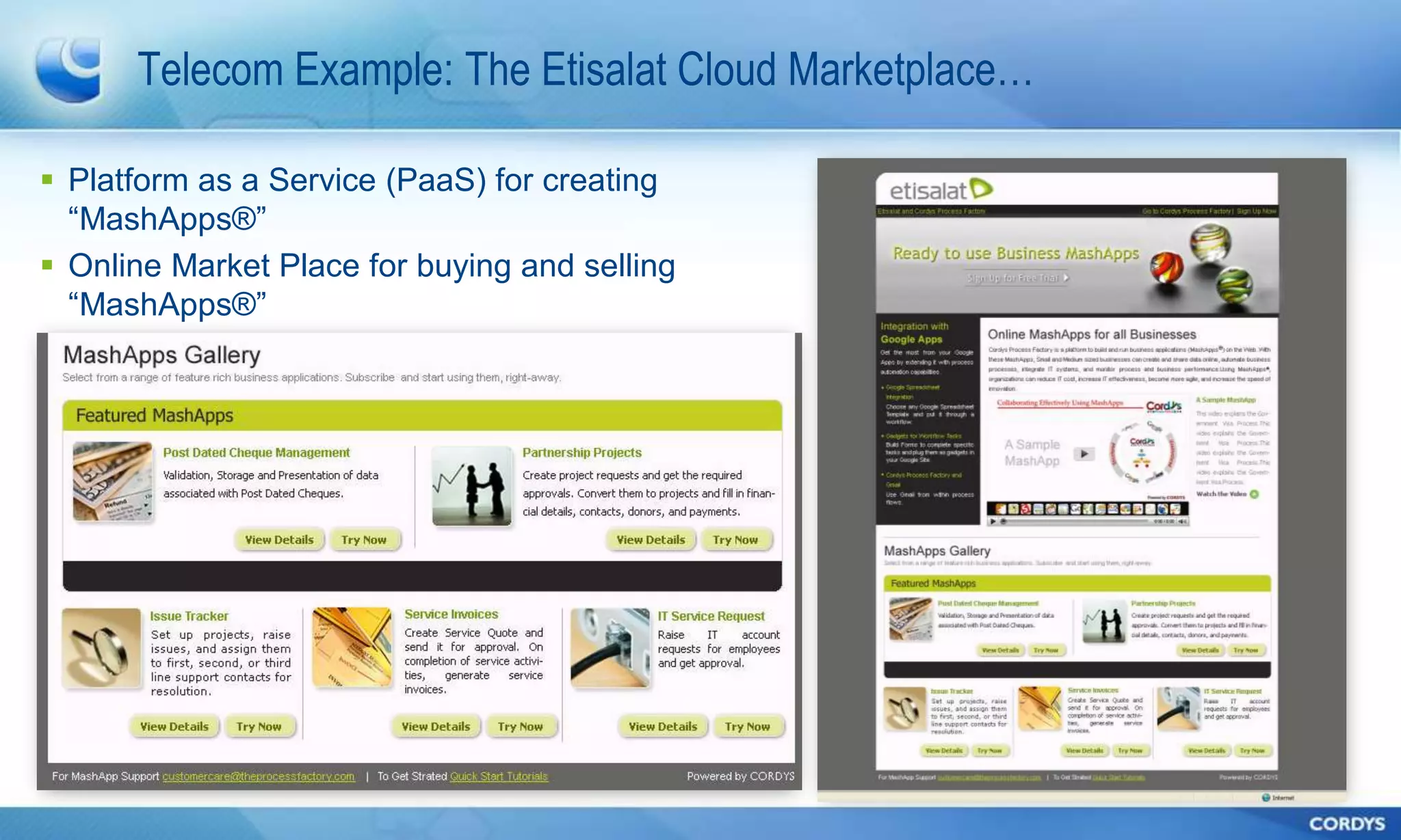 Telecom Example: The Etisalat Cloud Marketplace…

 Platform as a Service (PaaS) for creating
  ―MashApps®‖
 Online Market Place for buying and selling
  ―MashApps®‖
 