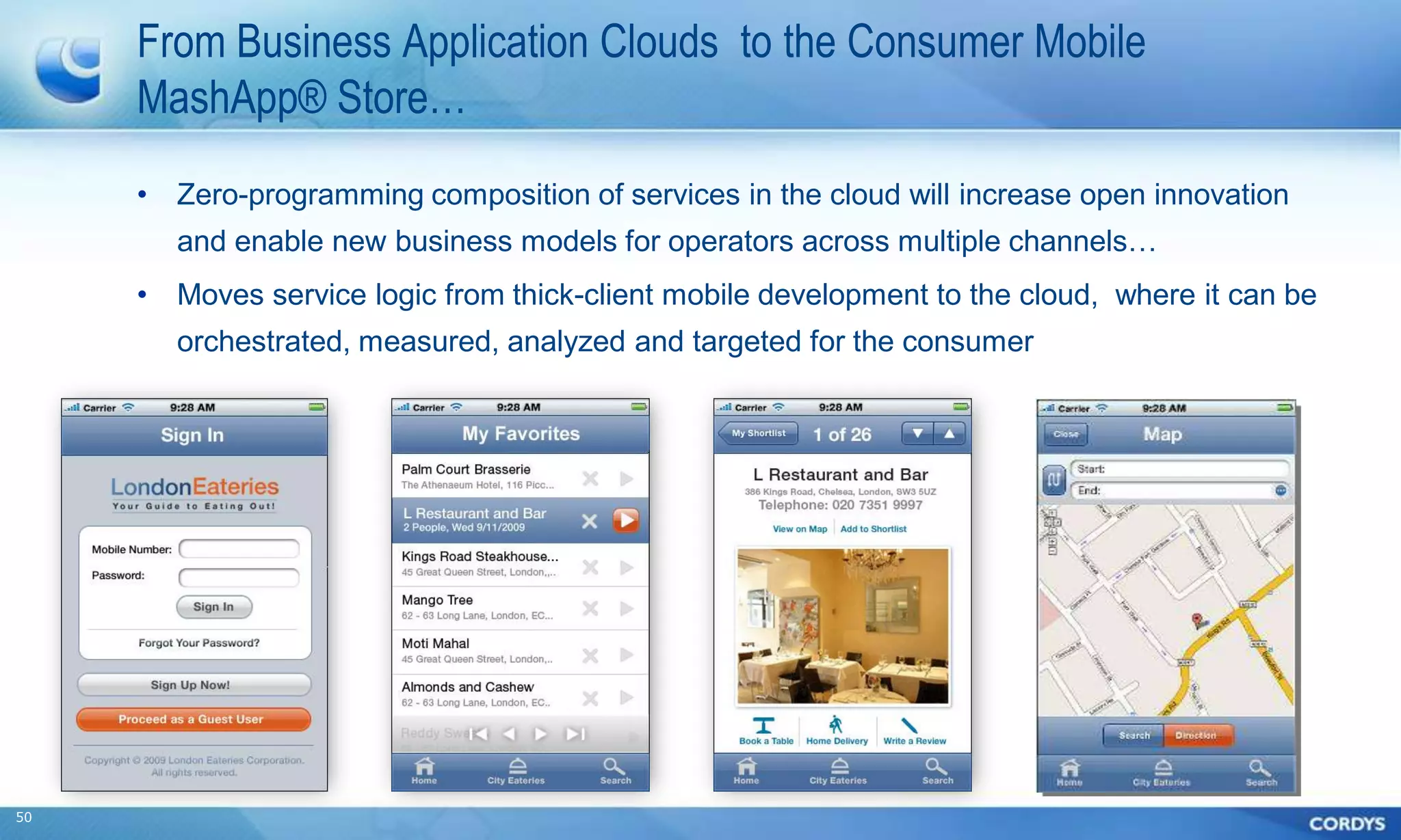 From Business Application Clouds to the Consumer Mobile
     MashApp® Store…
     • Zero-programming composition of services in the cloud will increase open innovation
       and enable new business models for operators across multiple channels…
     • Moves service logic from thick-client mobile development to the cloud, where it can be
       orchestrated, measured, analyzed and targeted for the consumer




50
 