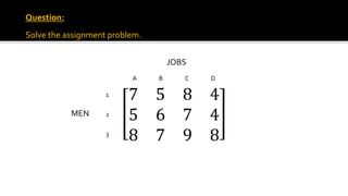 Question:
Solve the assignment problem.
7 5 8 4
5 6 7 4
8 7 9 8
A B C D
1
2
3
JOBS
MEN
 