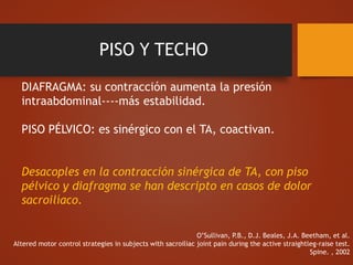 PISO Y TECHO
DIAFRAGMA: su contracción aumenta la presión
intraabdominal----más estabilidad.
PISO PÉLVICO: es sinérgico con el TA, coactivan.
Desacoples en la contracción sinérgica de TA, con piso
pélvico y diafragma se han descripto en casos de dolor
sacroilíaco.
O’Sullivan, P.B., D.J. Beales, J.A. Beetham, et al.
Altered motor control strategies in subjects with sacroiliac joint pain during the active straightleg-raise test.
Spine. , 2002
 