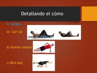 Detallando el cómo
4- Luego….
a) Curl up
b) Puente lateral
c) Bird dog
 