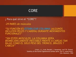 CORE
¿ Para qué sirve el “CORE”?
-29 PARES de músculos
“SU FUNCIÓN ES ESTABILIZAR COLUMNA (ALGUNOS
INCLUYEN PELVIS Y CADERA) DURANTE MOVIMIENTOS
FUNCIONALES”
“SIN ESTOS MÚSCULOS, LA COLUMNA SERÍA
BIOMECÁNICAMENTE INESTABLE FRENTE A CARGAS TAN
BAJAS COMO EL SÓLO PESO DEL TRONCO, BRAZOS Y
CABEZA”
Crisco, J.J., M.M. Panjabi, I. Yamamoto, and T.R. Oxland.
Stability of the human ligamentous lumbar spine. Part II: experiment.
Clin. Biomech, 1992
 