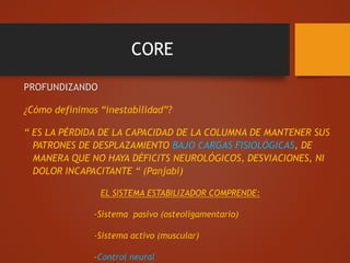 CORE
PROFUNDIZANDO
¿Cómo definimos “inestabilidad”?
“ ES LA PÉRDIDA DE LA CAPACIDAD DE LA COLUMNA DE MANTENER SUS
PATRONES DE DESPLAZAMIENTO BAJO CARGAS FISIOLÓGICAS, DE
MANERA QUE NO HAYA DÉFICITS NEUROLÓGICOS, DESVIACIONES, NI
DOLOR INCAPACITANTE “ (Panjabi)
EL SISTEMA ESTABILIZADOR COMPRENDE:
-Sistema pasivo (osteoligamentario)
-Sistema activo (muscular)
-Control neural
 