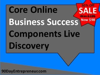 50% Off

Core Online
SALE
Business Success
Components Live
Discovery
Was $196
Now $98

90DayEntrepreneur.com

 