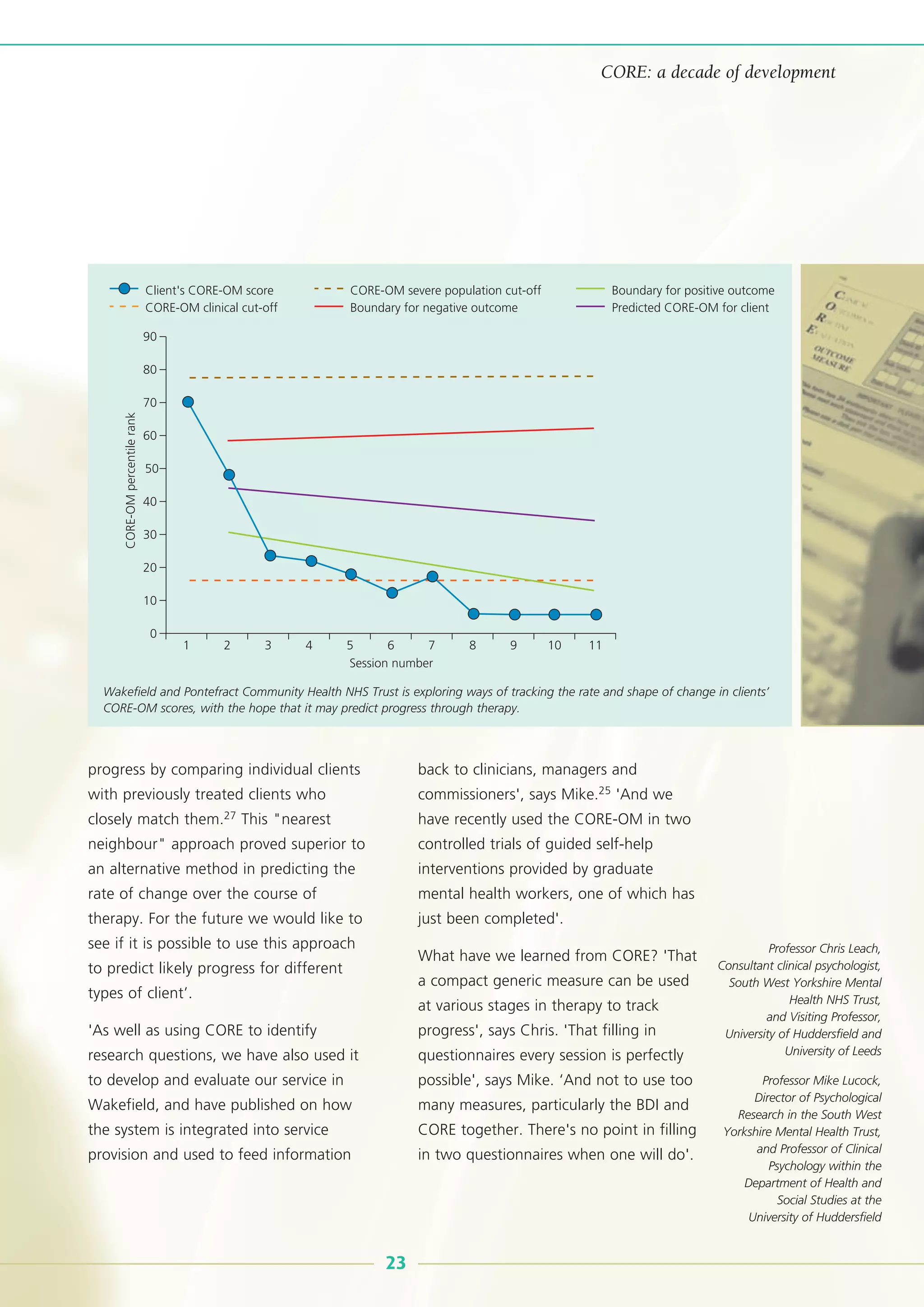 progress by comparing individual clients
with previously treated clients who
closely match them.27 This "nearest
neighbour" approach proved superior to
an alternative method in predicting the
rate of change over the course of
therapy. For the future we would like to
see if it is possible to use this approach
to predict likely progress for different
types of client’.
'As well as using CORE to identify
research questions, we have also used it
to develop and evaluate our service in
Wakefield, and have published on how
the system is integrated into service
provision and used to feed information
back to clinicians, managers and
commissioners', says Mike.25 'And we
have recently used the CORE-OM in two
controlled trials of guided self-help
interventions provided by graduate
mental health workers, one of which has
just been completed'.
What have we learned from CORE? 'That
a compact generic measure can be used
at various stages in therapy to track
progress', says Chris. 'That filling in
questionnaires every session is perfectly
possible', says Mike. ‘And not to use too
many measures, particularly the BDI and
CORE together. There's no point in filling
in two questionnaires when one will do'.
23
CORE: a decade of development
90
80
70
50
CORE-OMpercentilerank
30
10
20
40
60
0
Session number
1 2 3 4 5 6 7 8 9 10 11
Boundary for positive outcome
Predicted CORE-OM for client
CORE-OM severe population cut-off
Boundary for negative outcome
Client's CORE-OM score
CORE-OM clinical cut-off
Wakefield and Pontefract Community Health NHS Trust is exploring ways of tracking the rate and shape of change in clients’
CORE-OM scores, with the hope that it may predict progress through therapy.
Professor Chris Leach,
Consultant clinical psychologist,
South West Yorkshire Mental
Health NHS Trust,
and Visiting Professor,
University of Huddersfield and
University of Leeds
Professor Mike Lucock,
Director of Psychological
Research in the South West
Yorkshire Mental Health Trust,
and Professor of Clinical
Psychology within the
Department of Health and
Social Studies at the
University of Huddersfield
 