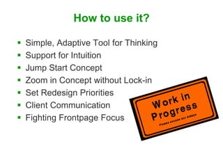 How to use it?

   Simple, Adaptive Tool for Thinking
   Support for Intuition
   Jump Start Concept
   Zoom in Concep...