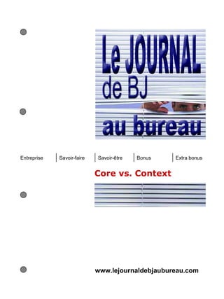 Entreprise   Savoir-faire   Savoir-être   Bonus   Extra bonus


                            Core vs. Context




                            www.lejournaldebjaubureau.com
 