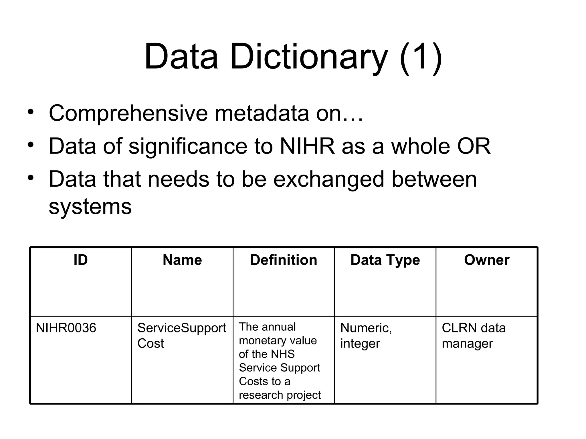 Data Dictionary (1) Comprehensive metadata on… Data of significance to NIHR as a whole OR Data that needs to be exchanged between systems CLRN data manager Numeric, integer The annual monetary value of the NHS Service Support Costs to a research project ServiceSupportCost NIHR0036 Owner Data Type Definition Name ID