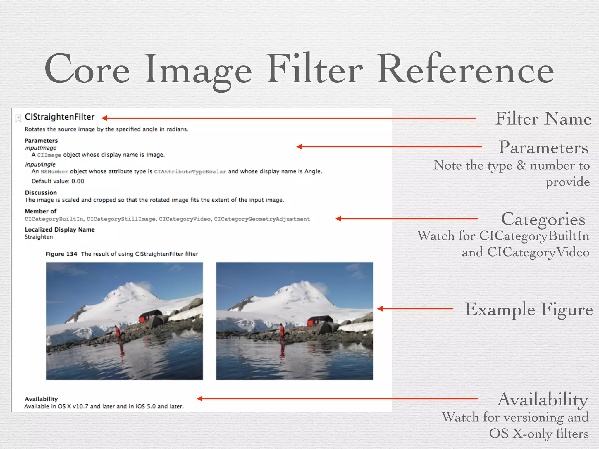 Core Image Filter Reference
Filter Name
Parameters
Note the type & number to
provide
Categories
Watch for CICategoryBuiltIn
and CICategoryVideo
Example Figure
Availability
Watch for versioning and
OS X-only ﬁlters
 