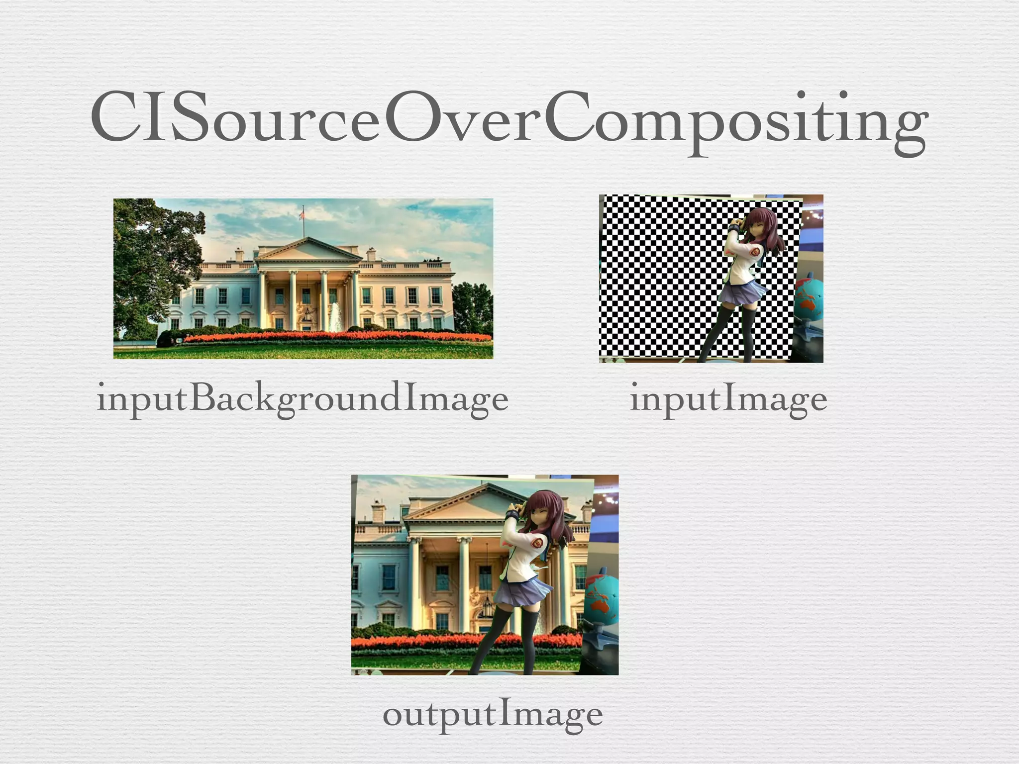 CISourceOverCompositing
inputBackgroundImage inputImage
outputImage
 
