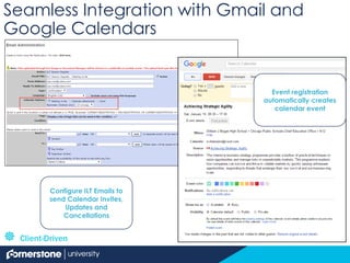 Seamless Integration with Gmail and
Google Calendars
Configure ILT Emails to
send Calendar Invites,
Updates and
Cancellations
Event registration
automatically creates
calendar event
 Client-Driven
 