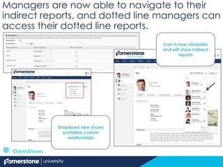 Managers are now able to navigate to their
indirect reports, and dotted line managers can
access their dotted line reports.
 Client-Driven
Icon is now clickable
and will show indirect
reports
Dropdown now shows
available custom
relationships
 