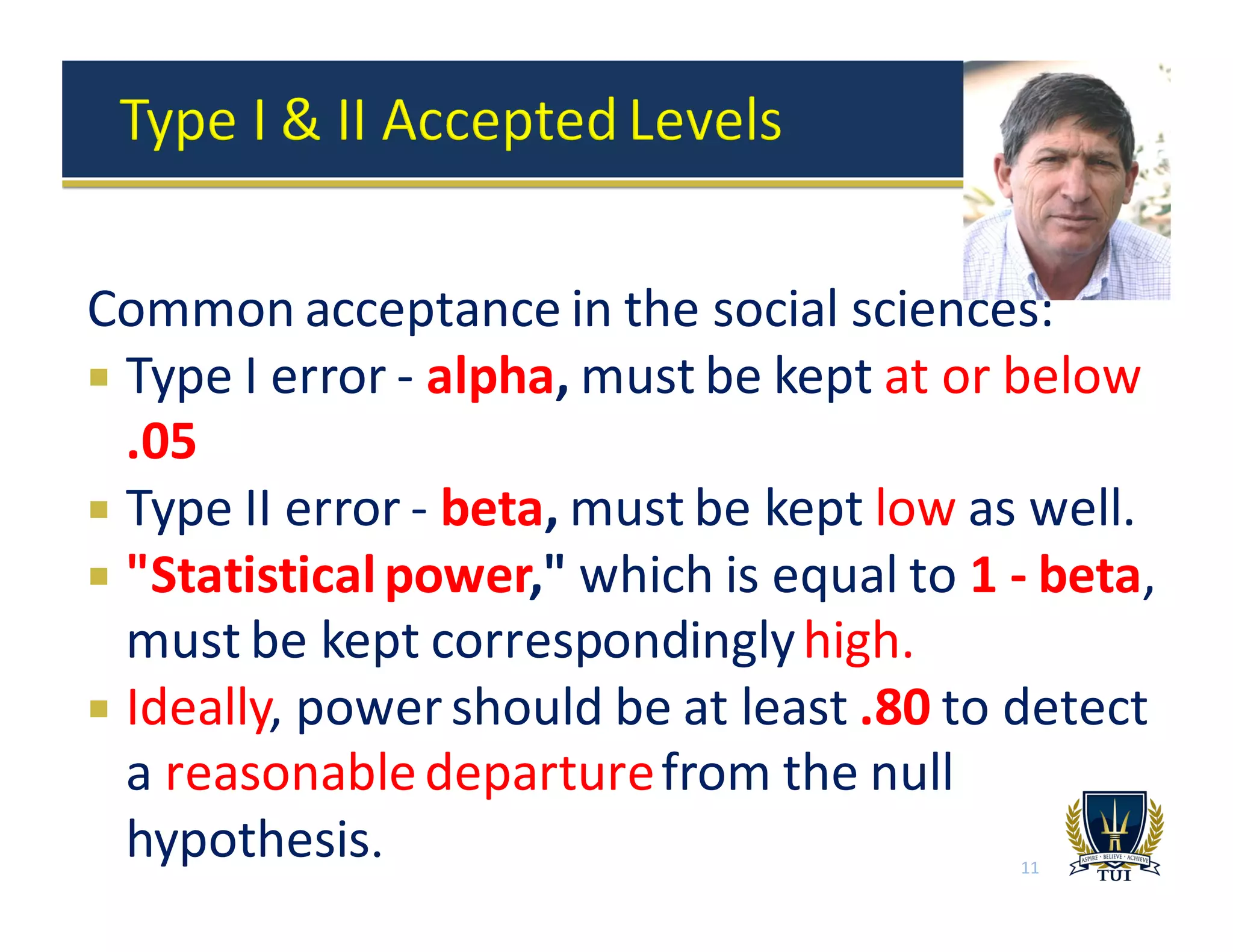 Common	
  acceptance	
  in	
  the	
  social	
  sciences:
¡ Type	
  I	
  error	
  -­‐ alpha, must	
  be	
  kept	
  at	
  or	
  below	
  
.05
¡ Type	
  II	
  error	
  -­‐ beta, must	
  be	
  kept	
  low as	
  well.
¡ "Statistical	
  power," which	
  is	
  equal	
  to	
  1	
  -­‐ beta,	
  
must	
  be	
  kept	
  correspondingly	
  high.
¡ Ideally,	
  power	
  should	
  be	
  at	
  least	
  .80 to	
  detect	
  
a	
  reasonable	
  departure	
  from	
  the	
  null	
  
hypothesis. 11
 