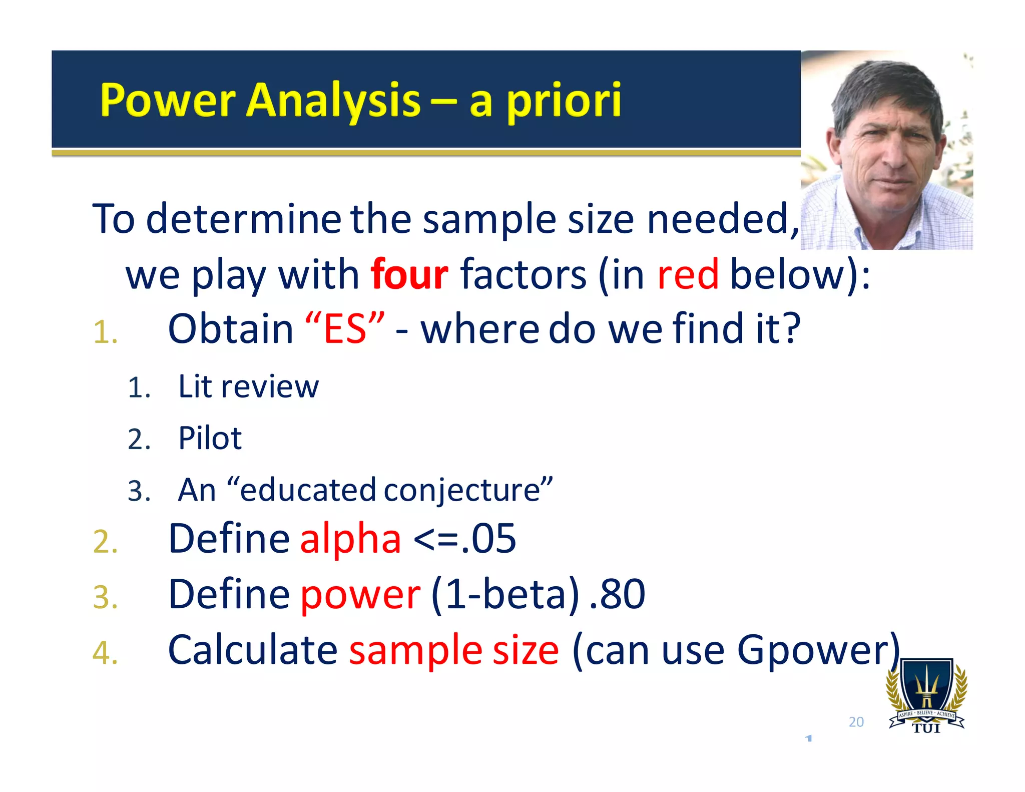To	
  determine	
  the	
  sample	
  size	
  needed,	
  	
  	
  	
  	
  	
  	
  	
  	
  
we	
  play	
  with	
  four factors	
  (in	
  red	
  below):
1. Obtain	
  “ES”	
  -­‐ where	
  do	
  we	
  find	
  it?
1. Lit	
  review
2. Pilot
3. An	
  “educated	
  conjecture”	
  
2. Define	
  alpha <=.05
3. Define	
  power (1-­‐beta)	
  .80
4. Calculate	
  sample	
  size	
  (can	
  use	
  Gpower)
see example
20
 