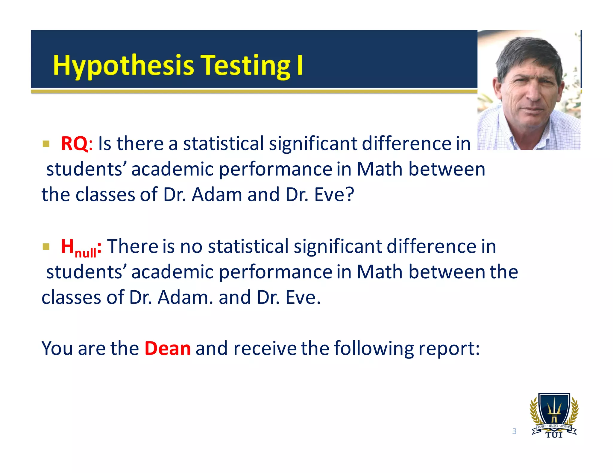 ¡ RQ: Is	
  there	
  a	
  statistical	
  significant	
  difference	
  in
students’	
  academic	
  performance	
  in	
  Math	
  between	
  	
  	
  	
  	
  	
  	
  	
  	
  	
  	
  	
  	
  
the	
  classes	
  of	
  Dr.	
  Adam	
  and	
  Dr.	
  Eve?
¡ Hnull: There	
  is	
  no	
  statistical	
  significant	
  difference	
  in
students’	
  academic	
  performance	
  in	
  Math	
  between	
  the	
  
classes	
  of	
  Dr.	
  Adam.	
  and	
  Dr.	
  Eve.
You	
  are	
  the	
  Dean and	
  receive	
  the	
  following	
  report:
3
 